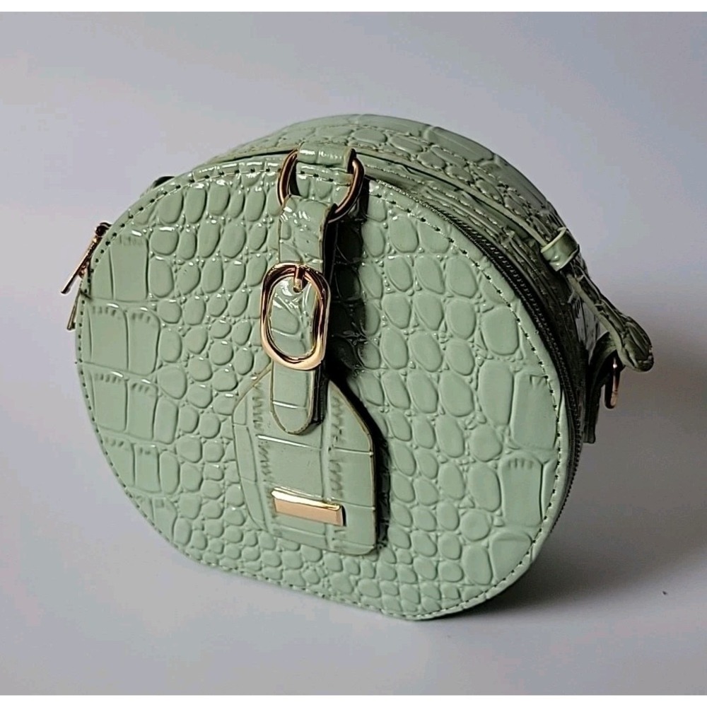 Calpak Round Croc Embossed Vegan Leather Purse Seafoam Top Handle Zip Around - Picture 8 of 13
